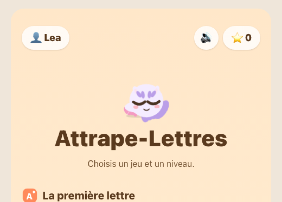 Capture d'écran d'Attrape-Lettres : choix du jeu et du niveau